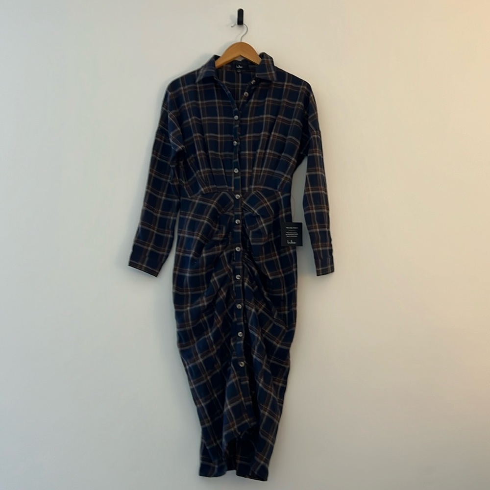 Blue Plaid Ruched Long Sleeve Midi Dress